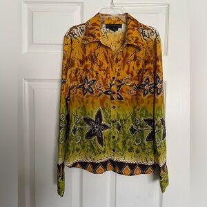 Vintage Women’s Ninety Orange & Green Floral Button Down Shirt W Glitter Accents